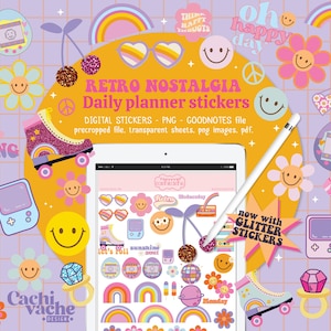 Groovy Digital Planner Stickers for GoodNotes, Retro Stickers for digital planning, Cute 90s Journal Stickers - Goodnotes file, PNG & PDF