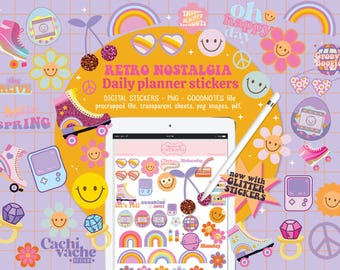 Digital Planner Stickers for GoodNotes, Retro Sticker book for planning apps, Groovy Journal Stickers - PNG & PDF