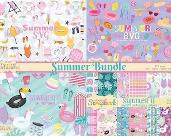 Summer clipart BUNDLE, SVG files + clipart + summer digital papers, 4 in 1 summer designs - Beach clipart, Tropical clipart, sunset clipart