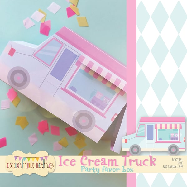 Ice cream truck printable box, party favor digital box, party printable PDF kit - Instant Download in HQ ( paper size US Letter / A4)