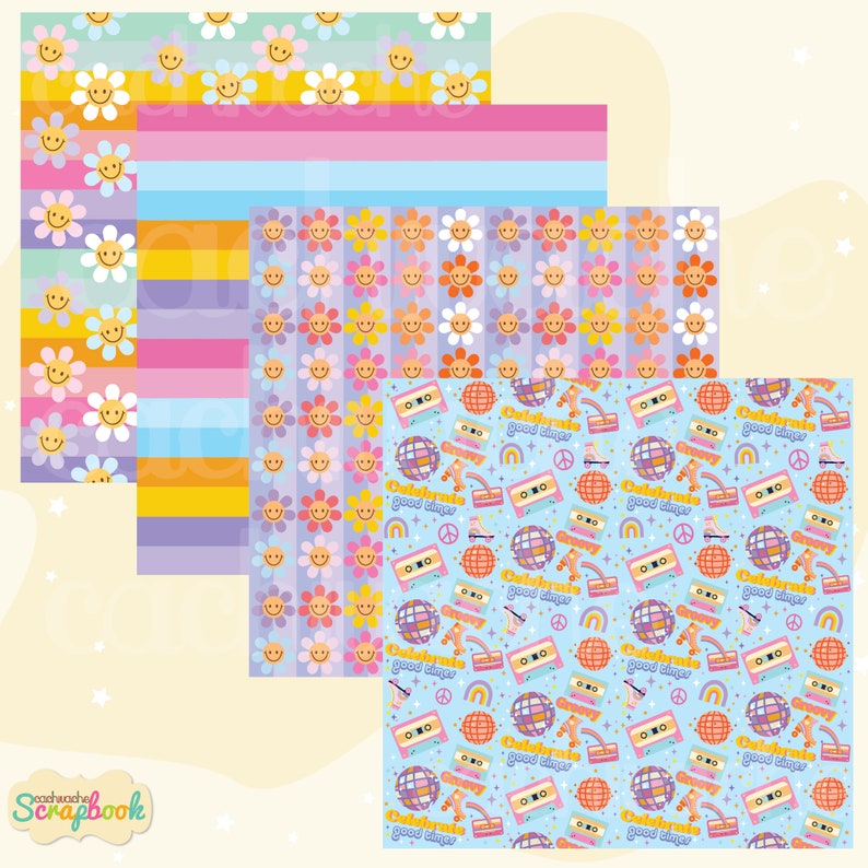 Groovy digital paper, seamless retro digital paper, roller skate digital paper, roller party, rainbow smile digital paper pack PNG-JPG in HQ