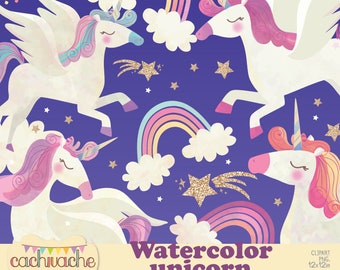 Watercolor unicorn clipart, cute unicorn clipart, glitter unicorn clipart, rainbow unicorn clipart, magical unicorn clipart - in PNG in HQ