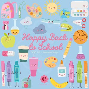 Puede incluir: Una colección de útiles escolares y alimentos de estilo caricatura sobre un fondo azul claro. Incluye una mochila rosa, crayones, un lápiz, una pelota de baloncesto y el texto "Happy Back to School".