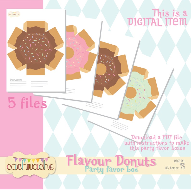 Donut box, Donut party favor box, party favor box digital, party print PDF kit Descarga instantánea en HQ tamaño de papel US Letter / A4 imagen 3