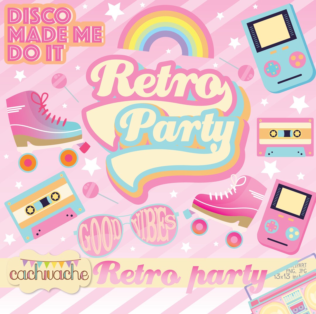 Retro Party Clipart, Roller Party Clipart, Roller Skate Clipart, 80s