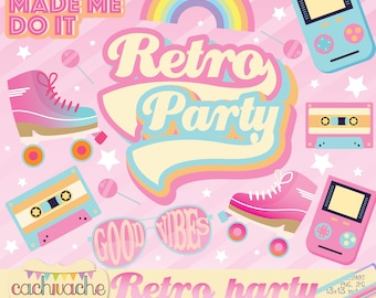 Retro party clipart, roller party clipart, roller skate clipart, 80s clipart, digital paper disco, disco party celebration - JPG & PNG in HQ