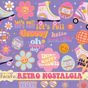 Retro clipart, groovy clipart, rolschaatsen clipart, smile boho clipart, hippie clipart, nostalgie clipart uit de jaren 90 - 102 png-ontwerpen in HQ