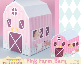 Farm Barn Party Printable PDF Box for Girls Pink Barn Favor Box for Party Gifts & Classroom Activities | US and EU Paper Sizes