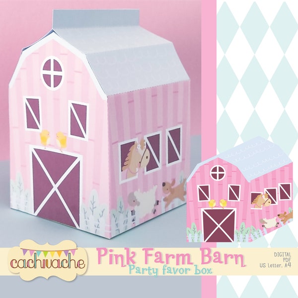Pink farm barn box, farm box, party favor box, Farm party, printable box, printable PDF, Instant Download in HQ ( paper size US Letter / A4)