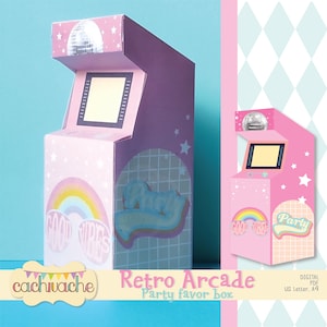 Caja de regalo retro rosa con temática arcade, caja arcade 3D, caja digital para regalos de fiesta, kit PDF imprimible - Descarga instantánea en alta calidad (tamaño de papel: Carta/A4)
