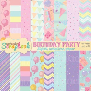 Può includere: Un set di 12 carte digitali con temi di festa di compleanno. Le carte includono motivi di palloncini, coriandoli, regali, cappelli da festa e strisce a chevron in colori pastello. Le carte sono di 12x12 pollici e sono in formato PNG.
