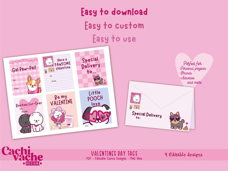 Valentine gift tags printed and attached to candy treat bags for classroom exchange, cute kids design ready to print and use
