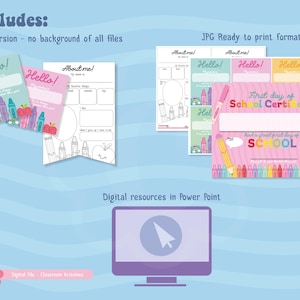 May include: Digital classroom activity set with "Hello!" and "About me!" cards, and a "First day of School Certificate". The set includes PNG and JPG formats, and digital resources in Power Point. The design features crayons, apples, and pencils.