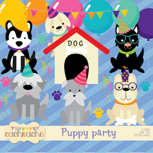 Puppy Party Clipart - Süßes Hundedesign-Set mit Party-Elementen zum digitalen Download in PNG & JPG im JPG-Format