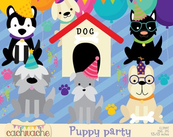 Puppy Party Clipart - Cute Dog Design set with Party elements for Digital download in PNG & JPG in HQ