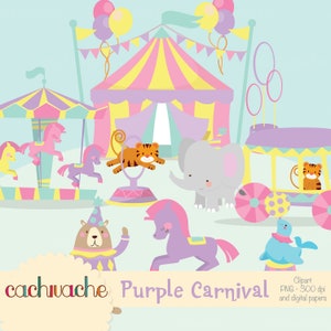 Circus-clipart, schattige carnaval-clipart met circusdieren voor circusfeestdecoratie, circuselementen ontwerpen voor kinderen - png en jpg