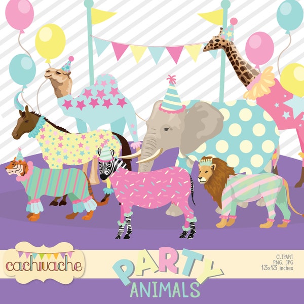 Party animals clipart, parade animals clipart, realistic animals clipart, party clipart + papers PNG and JPG High Quality - Instant Download