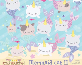 Mermaid cat clipart version 2, cat clipart, mermaid clipart with more kitties in PNG ang JPG files, instant download in HQ