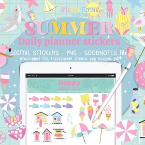 Adesivos digitais de verão para planner, +120 adesivos de praia e piscina para Goodnotes, Noteful e outros aplicativos de planner, formato PNG - PDF