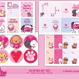 Full preview of four US Letter pages with printable Valentine gift tags in high resolution PDF format, ready to download and print at home.
