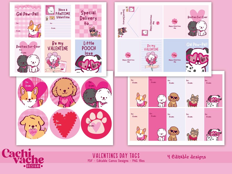Full preview of four US Letter pages with printable Valentine gift tags in high resolution PDF format, ready to download and print at home.