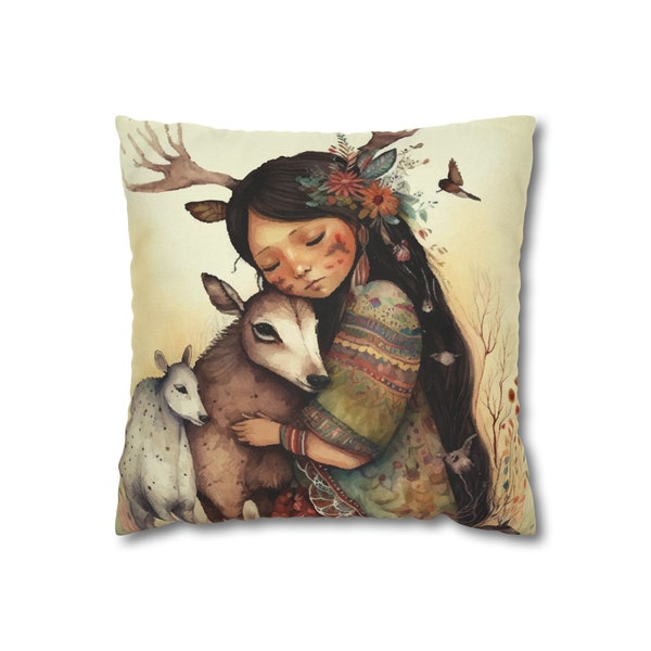 Earth Guardian - Animal Warrior , Protectors of the Wild - Shaman - Spun Polyester Square Pillow Case