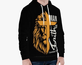 Man of Faith - Chandail à capuchon unisexe tendance Christian Lion Cross