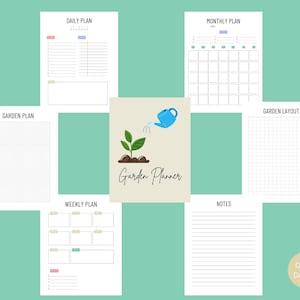 Peut inclure: Planificateur de jardin imprimable avec un arrosoir bleu clair et une plante verte. Le planificateur comprend des pages pour les plans quotidiens, hebdomadaires, mensuels, l'aménagement du jardin et des notes.