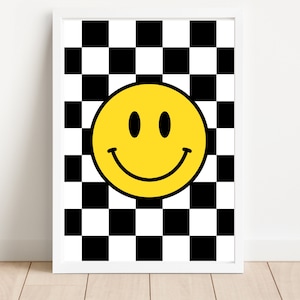 Smiley Face Print, Digital Download, Black and White Checkered Poster Printable Wall Decor, Happy Face Art, Instant Download