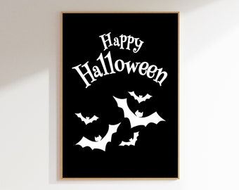 Happy Halloween Print, Digital Download, Bats Poster, Black and White Printable, Halloween Print