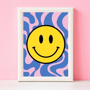 Smiley Face Print, Digital Download, Pink and Purple Funky Retro Smiley Face Wall Art, Happy Face Poster