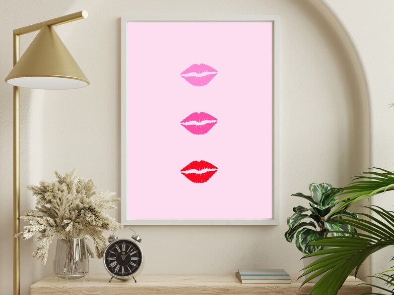 Pink Lips Print, Kiss Printable, Fun Pink Wall Hanging, Three Lips
