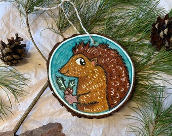 Hand Painted Forest Whimsical Hedgehog Wooden Tree Bark Wall Hanging Gift for Cottagecore Animal Nature Lover