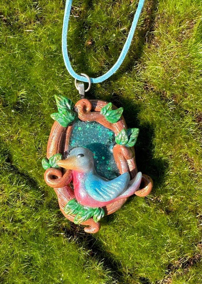 Happy Blue Bird Woodland Tree Pendant Necklace or Suncatcher Polymer Clay Jewelry, Fantasy, Resin, Cute, Leaves, Leaf, Whimsical Gift image 3