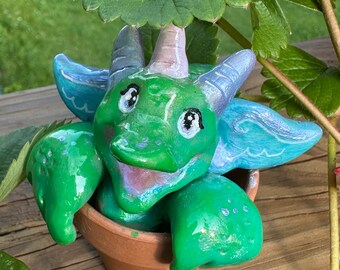 Flower pot Dragon Garden Figurine - Figure, Statue, Polymer Clay, Resin, Magical Creature, Whimsical, Kawaii, Cute, Gardening, Flowerpot