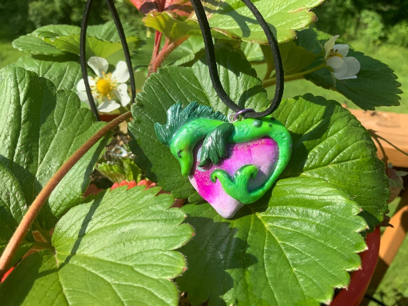 Sea Dragon Heart Love Valentines 24 Green Ball Chain Necklace Polymer Clay Pendant, Pendant, Jewelry, Clay, Resin image 2