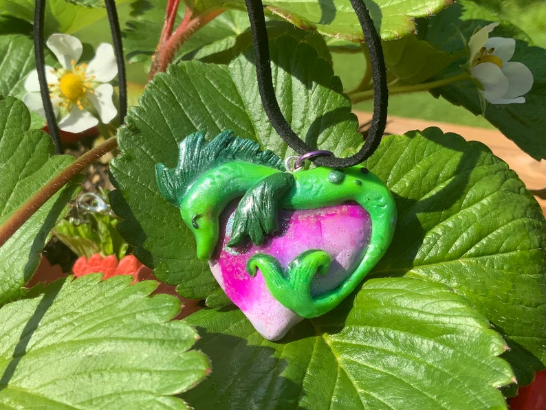 Sea Dragon Heart Love Valentines 24 Green Ball Chain Necklace Polymer Clay Pendant, Pendant, Jewelry, Clay, Resin image 1