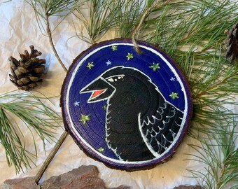 Hand Painted Whimsical Forest Crow Wooden Tree Bark Wall Hanging Gift for Cottagecore Animal Nature Bird Lover