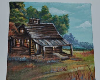 Country Log Cabin Landscape 4x4 Hand-painted Acrylic on Canvas