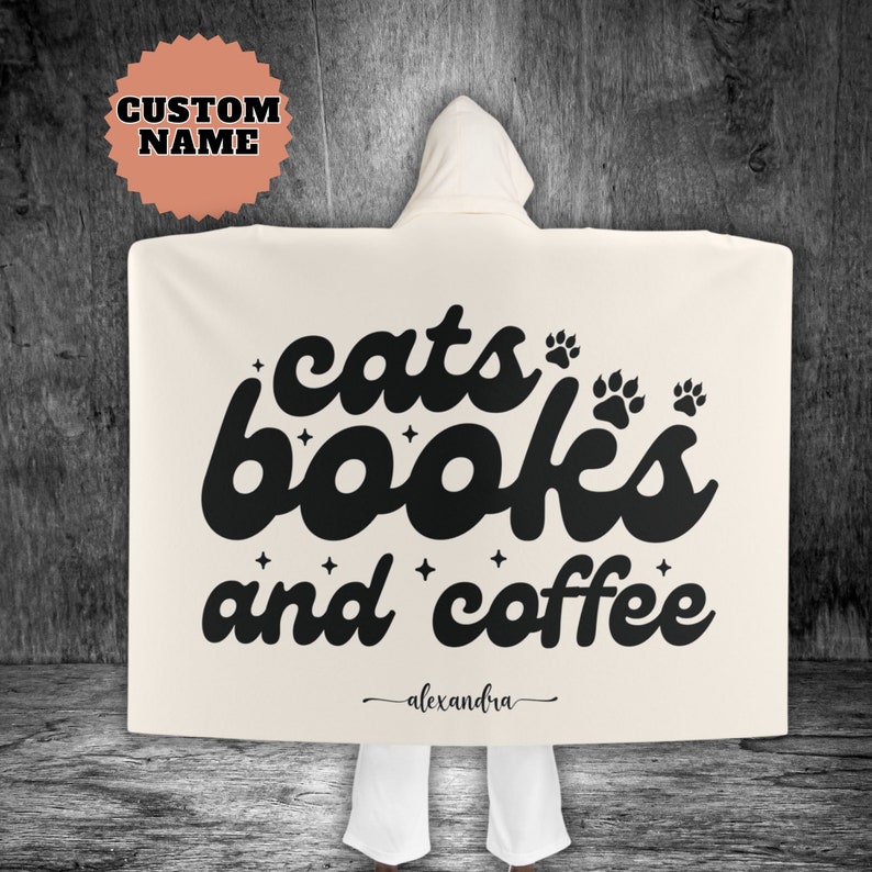 Custom Cats Books Coffee Wearable Hoodie Blanket, Hooded Blanket Gift ...