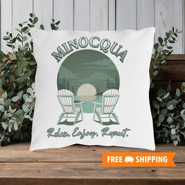 Minocqua Outdoor Pillow, Up North Wisconsin, Gift for New Cabin or Vacation Home, Cottage, Lake House, Accent Throw Deck Porch Patio Pillow