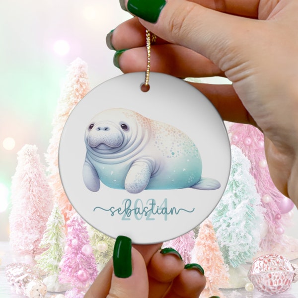 Custom Personalized Christmas Manatee Name Year Ceramic Ornament for Kids New Baby Gift Idea for Ocean Lover, Cute Kids Pastel Mermaidcore