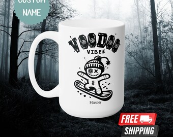 Custom Voodoo Doll Coffee Mug, Halloween Voodoo Snowboarder 15oz Mug, Vudu, Funny Snowboarding Mug, Funny Gift for Guy, Personalized Mug