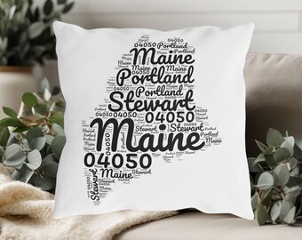 Custom Personalized Maine Home State Pillow Name, Zip Code City Newlywed Wedding Gift for Porch Decor Word Cloud Idea Anniversary Realtor