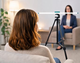 EMDR-lichtbalk met draadloze afstandsbediening voor psychologen, in natuurlijk hout.