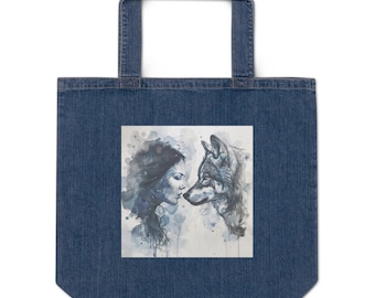 Woman & Wolf Watercolor Organic Denim Tote Bag Wild Empowerment Gift Nature
