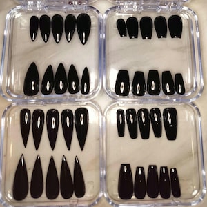 Jet Black Press-On Nails: Stiletto, Coffin, or Square - Application Kit Included