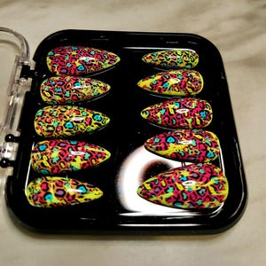Electric Zoo! | Full Set Of Neon Rainbow Animal Print Stiletto Pointed Reusable Nails | Full Set And Kit Included | Various Lengths