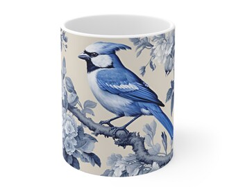 Blue & White Chinoiserie Porcelain Mug, Beautiful Blue Jay Mug, Blue Jays Coffee Mug, Blue White Chinese Mug, Blue Japan Mugs, Bird Tea Cup