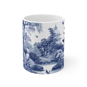 Blue White Mug, Blue Chinoiserie, Porcelain Style Mug, Pagoda Mug, Japanese Art